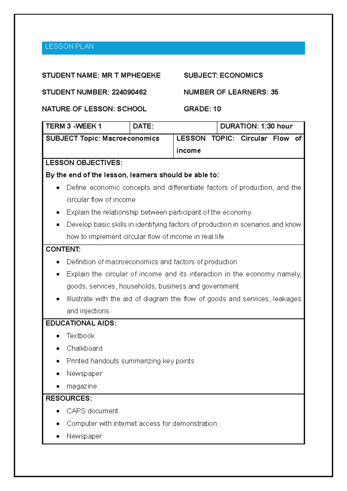 GSM 10 Economics Lesson Plan: Circular Flow of Income - Studocu