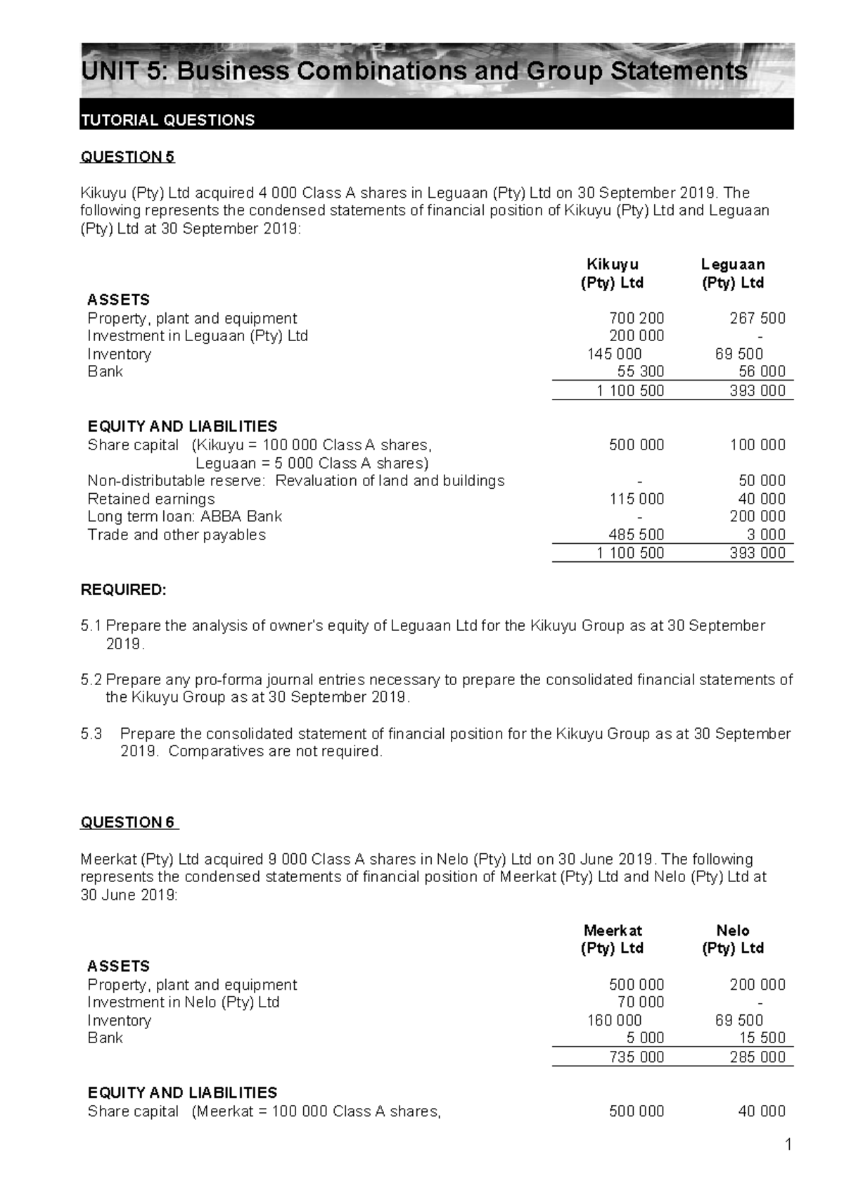 UNIT 5: Business Combinations & Group Statements - Tutorial Qs - Studocu
