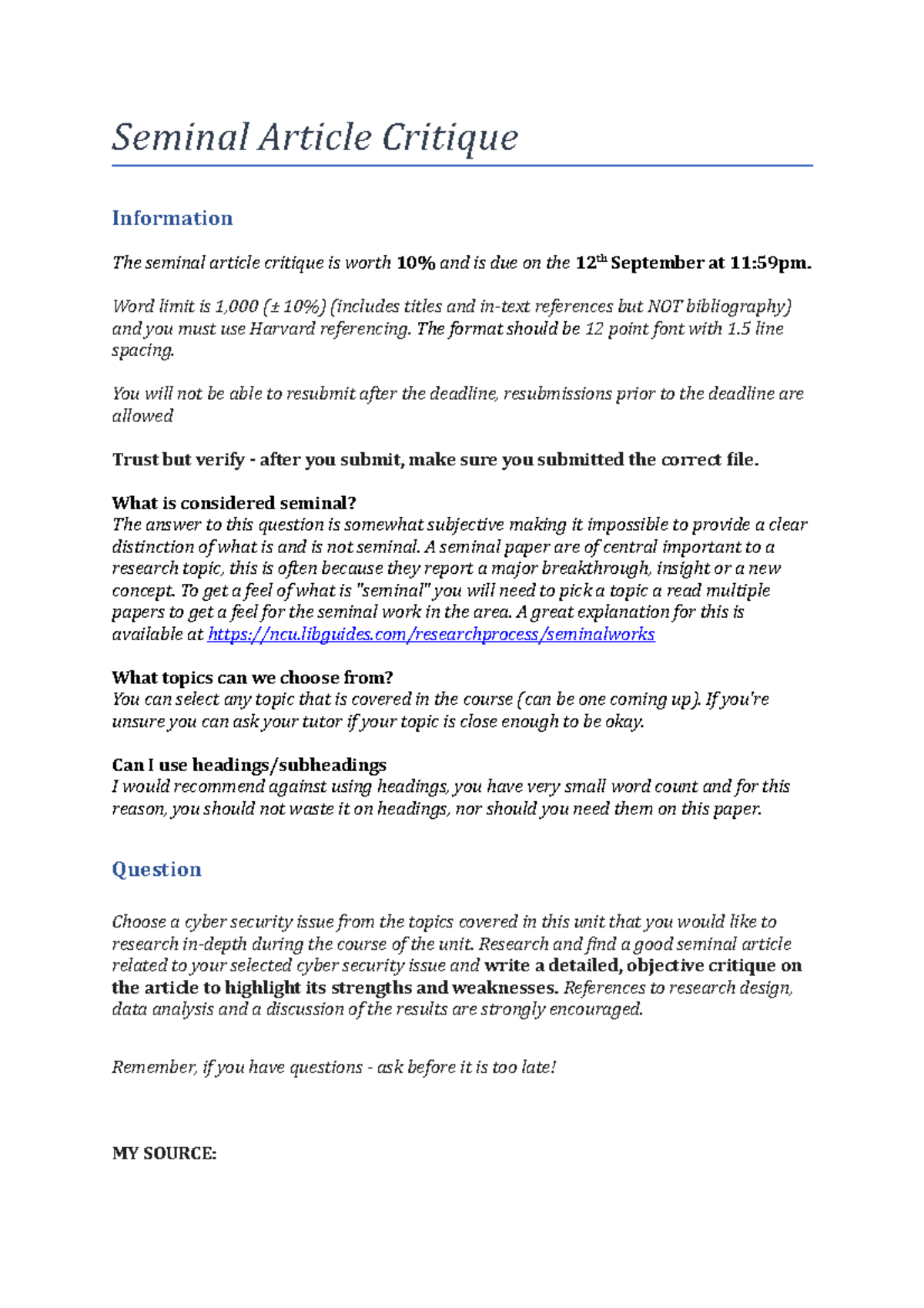 Seminal Article Critique - Seminal Article Critique Information The ...
