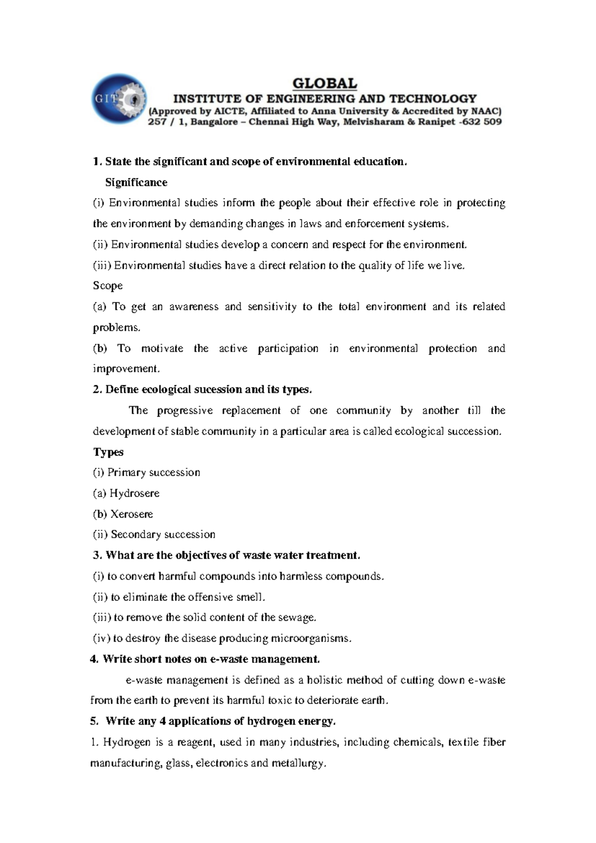 Model Answer Key for EVS: Environmental Education, Pollution, and ...