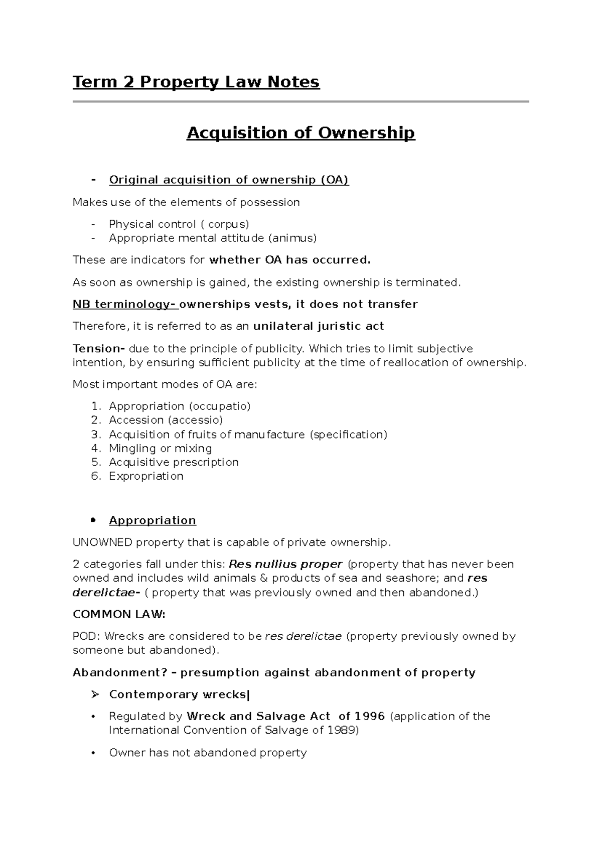 Term 2 Property Law Notes - Term 2 Property Law Notes Acquisition of ...