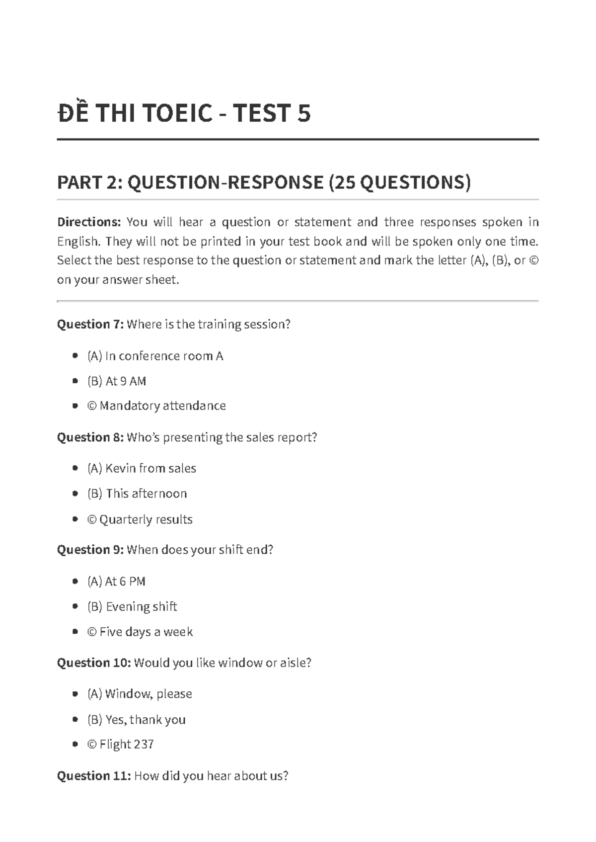 ĐỀ THI TOEIC TEST 5 PART 2: 25 QUESTIONS PRACTICE - Studocu