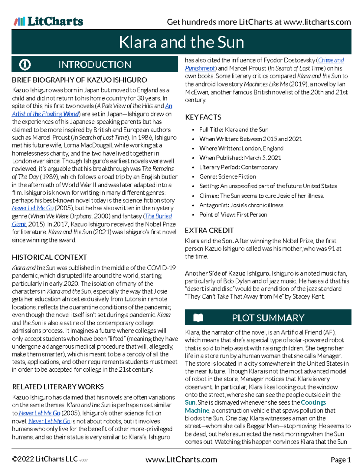 Klara and the Sun: A Comprehensive LitChart Analysis - Document Preview