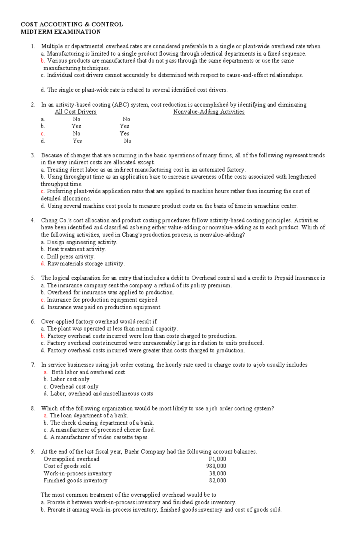 COST ACCOUNTING CONTROL MIDTERM EXAMINATION REVIEW - Studocu