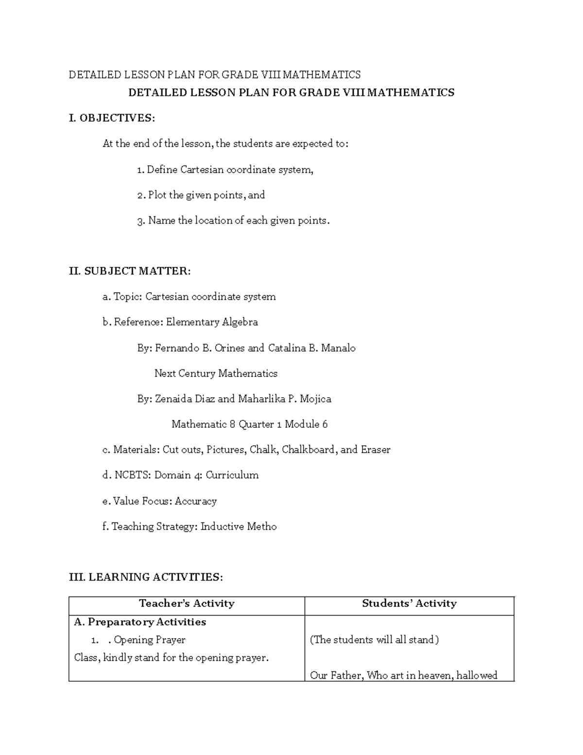 Detailed Lesson Plan: Cartesian Coordinate System for Grade VIII Math ...