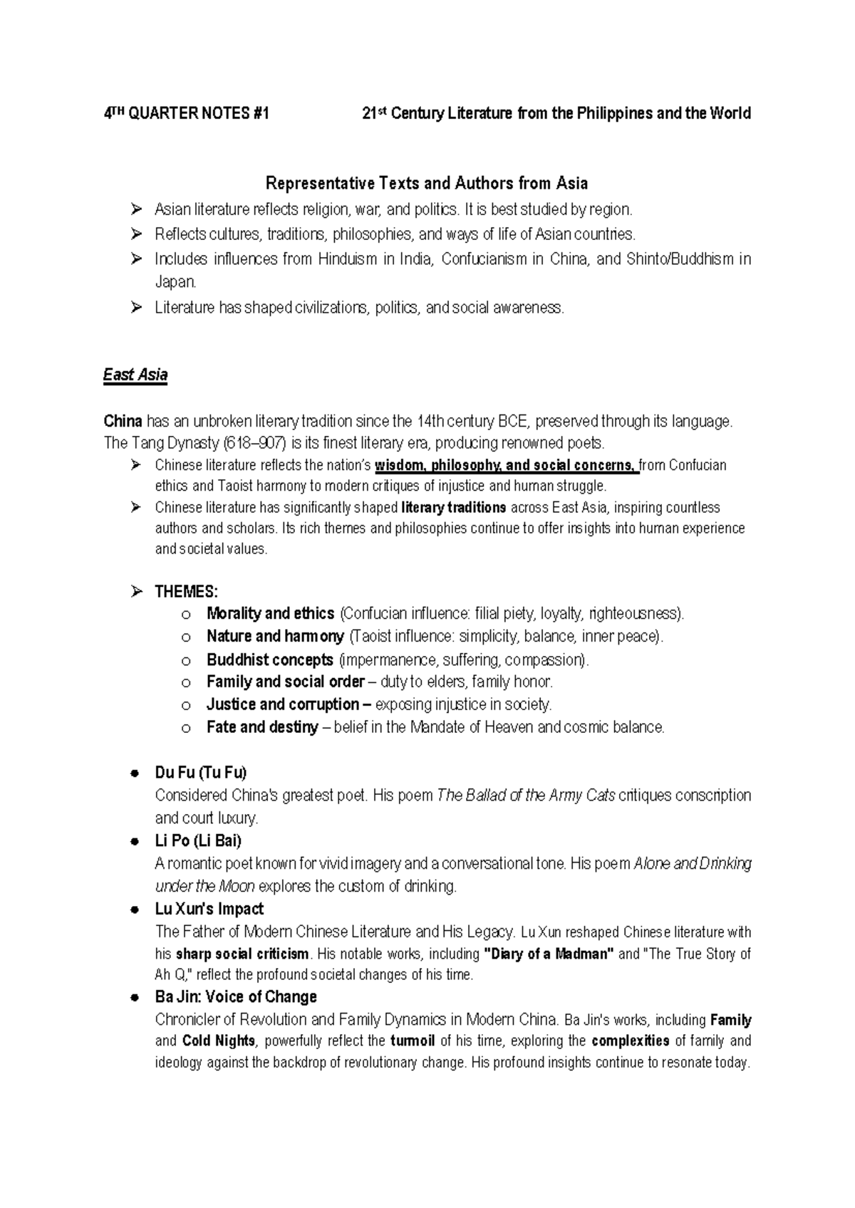 1 Asian Literature Notes: Key Themes and Influential Authors - Studocu