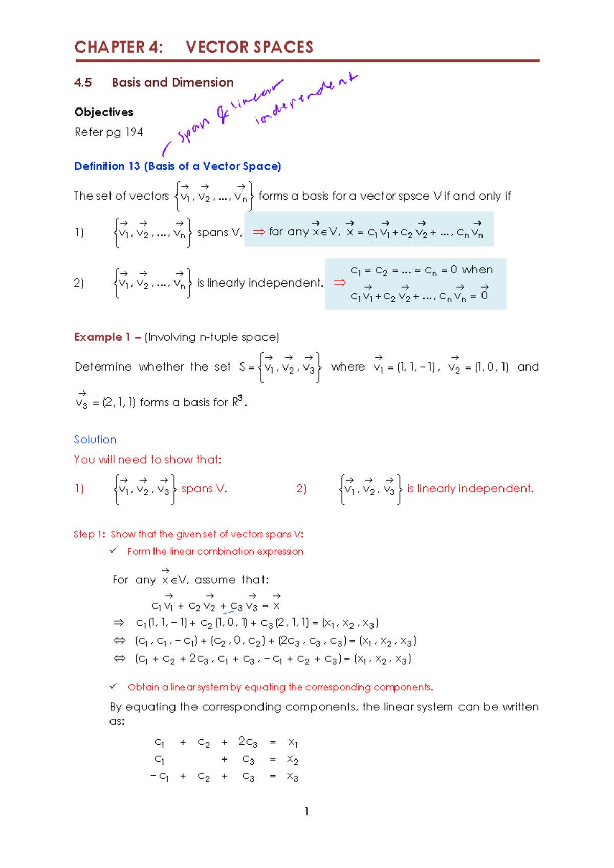 CHAPTER 4: 4.5 VECTOR SPACES - Basis and Dimension Lecture Notes - Studocu