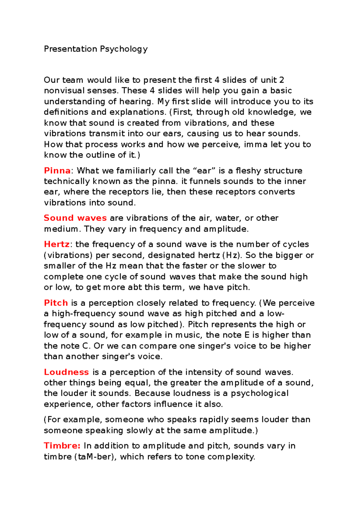 Unit 2 Presentation: Understanding Nonvisual Senses in Psychology - Studocu