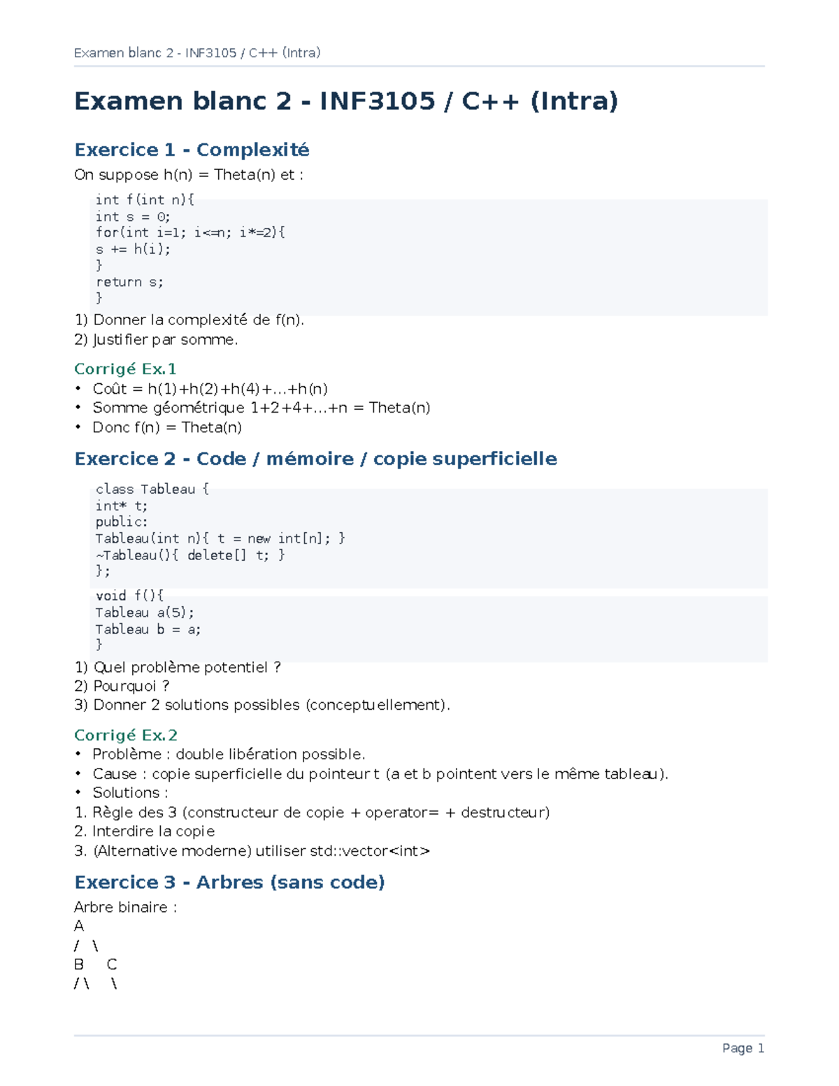 Examen blanc 2 - INF3105 / C++ (Intra) - Corrigés et Exercices - Studocu
