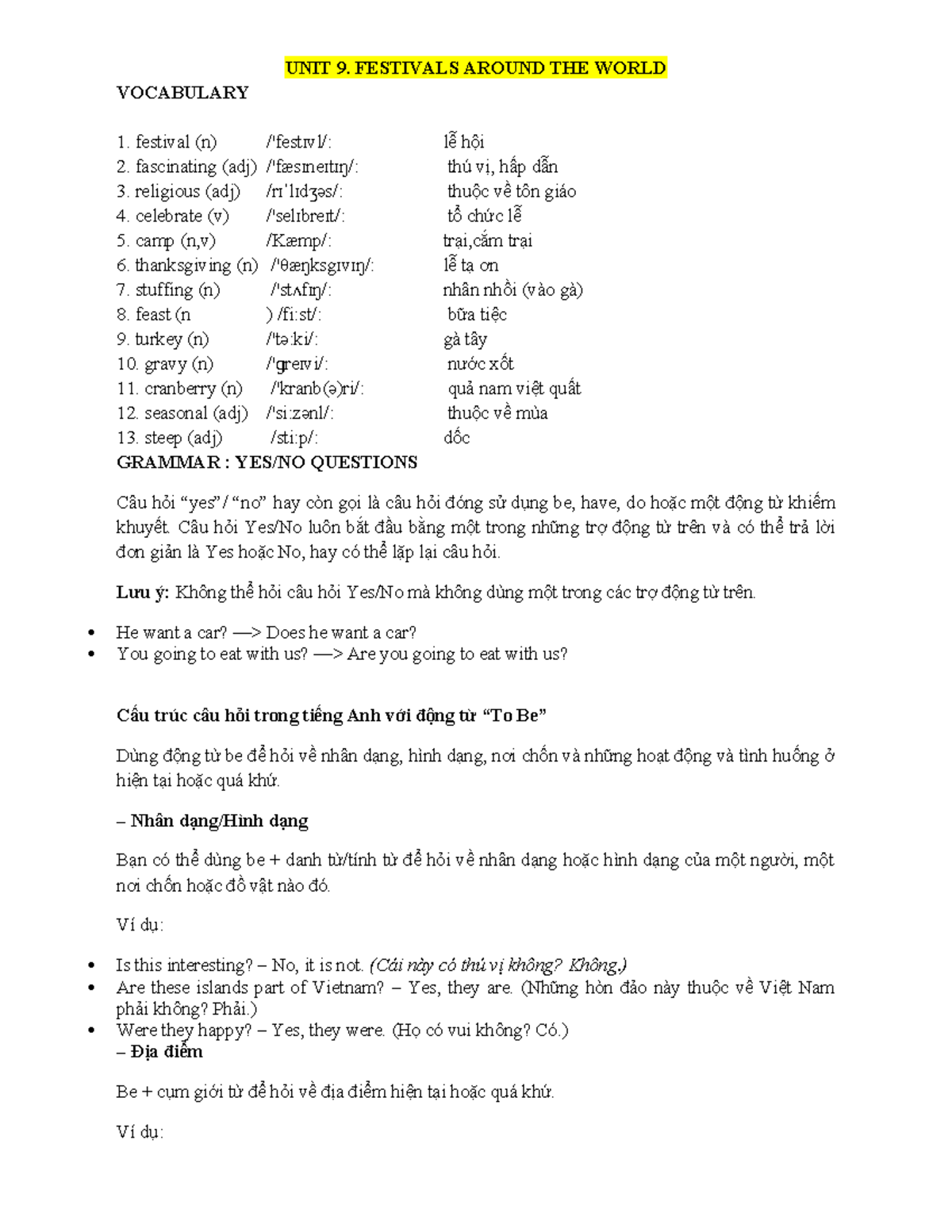 Unit 9: Festivals Around the World - Vocabulary & Grammar Guide - Studocu
