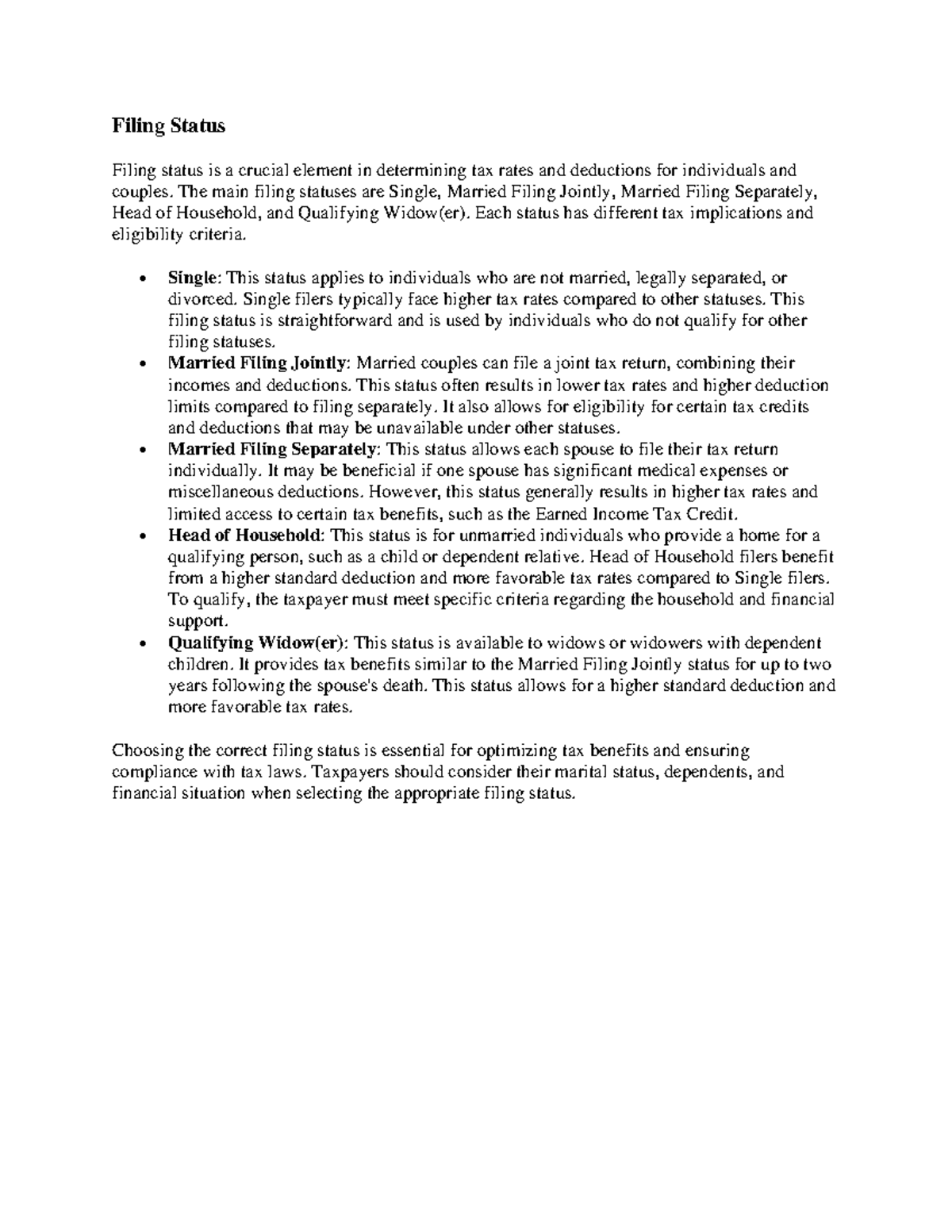 Filing status is a crucial element in determining tax rates and ...