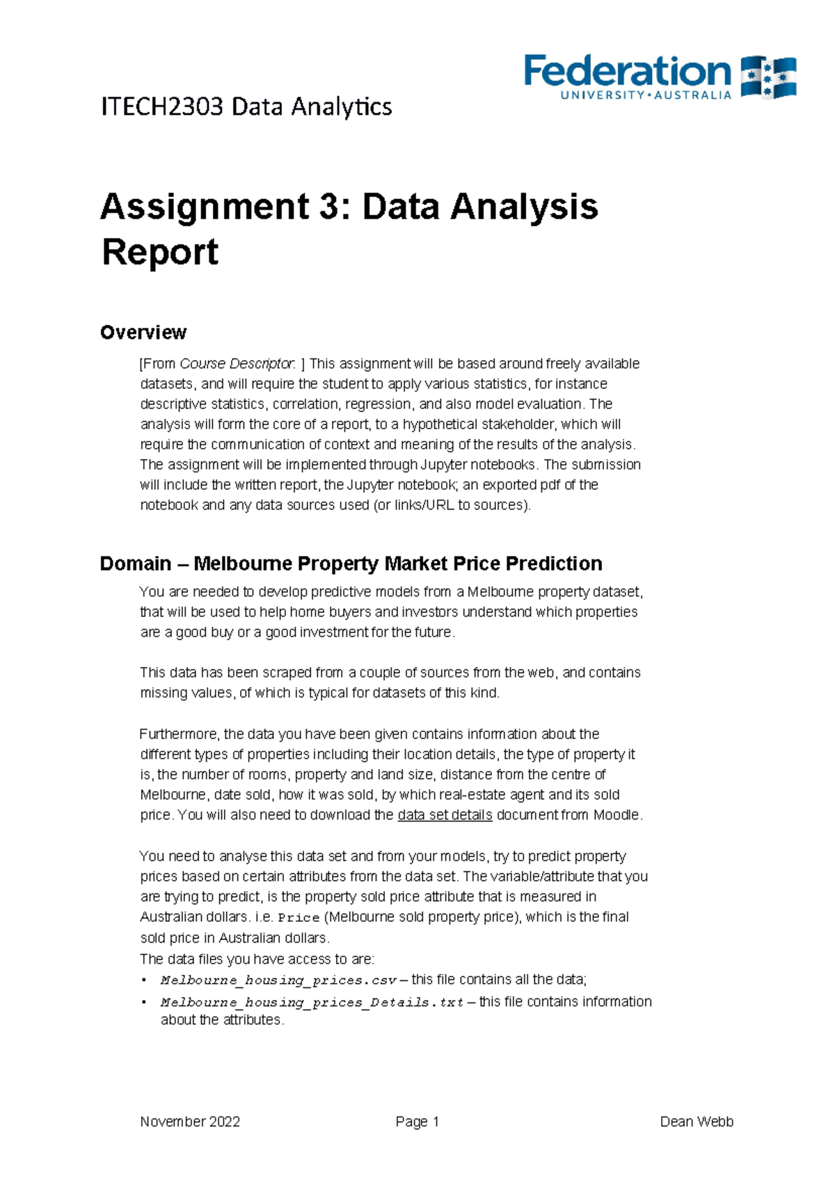 ITECH2303 Assignment 3: Data Analysis on Melbourne Property Prices ...