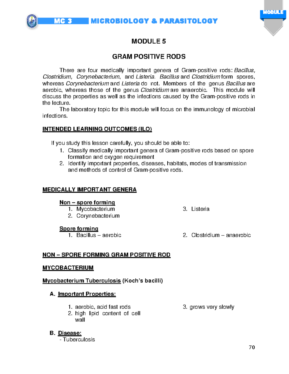 Micro Para MC 3 Midterm: Gram Positive Rods in Microbiology - Studocu