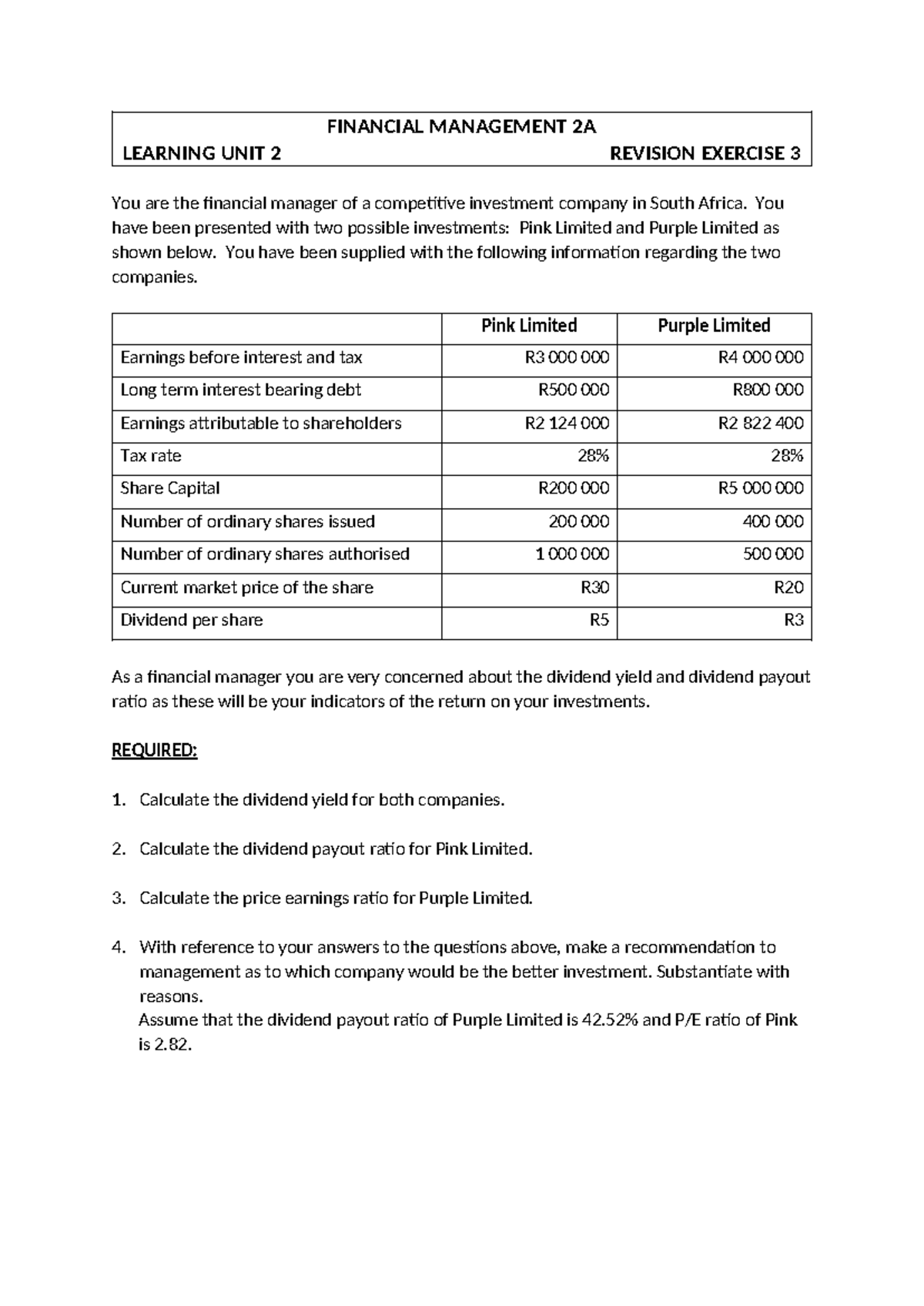 LU2 FINANCIAL MANAGEMENT 2A REVISION EXERCISE 3 ANALYSIS - Studocu