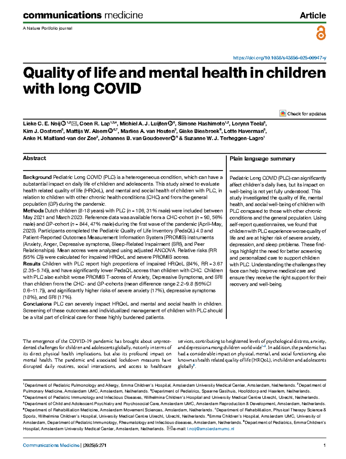 Quality of Life and Mental Health in Children with Long COVID: A Study ...