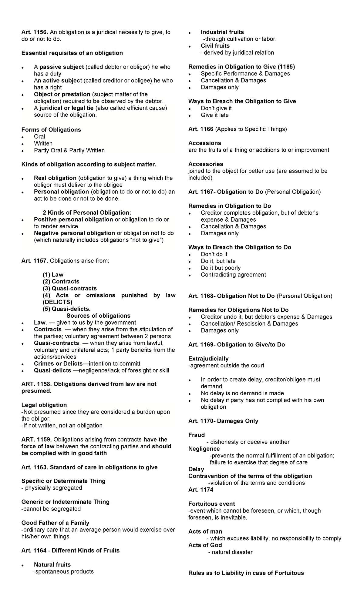 Obligation Law Review: Key Articles and Concepts (Obli Con) - Studocu