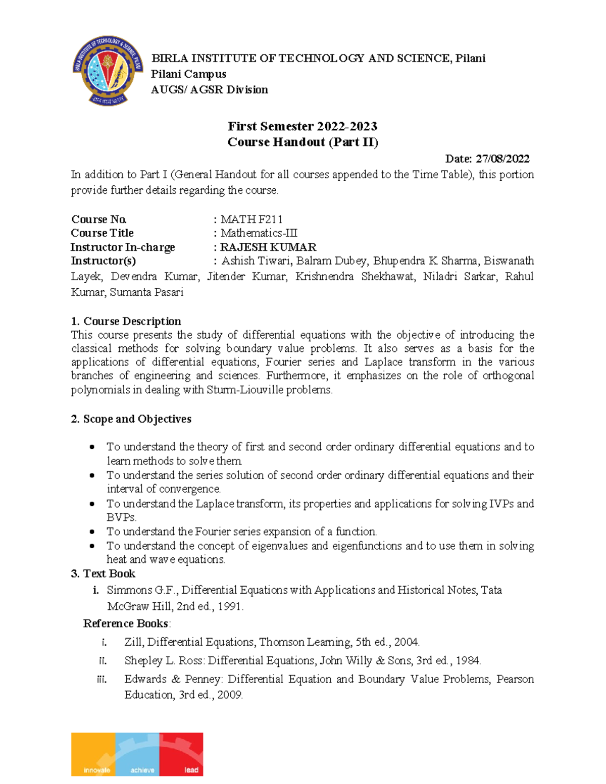 MATH F211 M3 - Handout of course - Pilani Campus AUGS/ AGSR Division ...