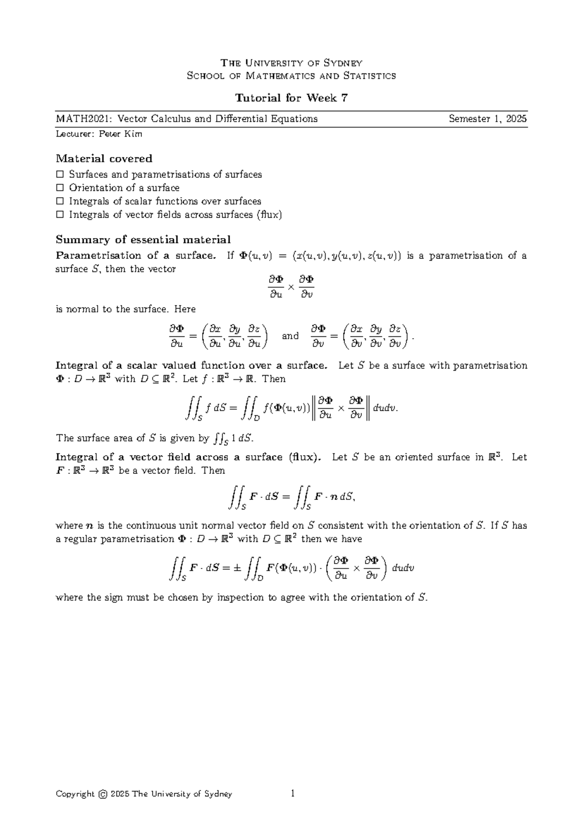 MATH2021: Week 7 Tutorial on Vector Calculus & Differential Equations ...