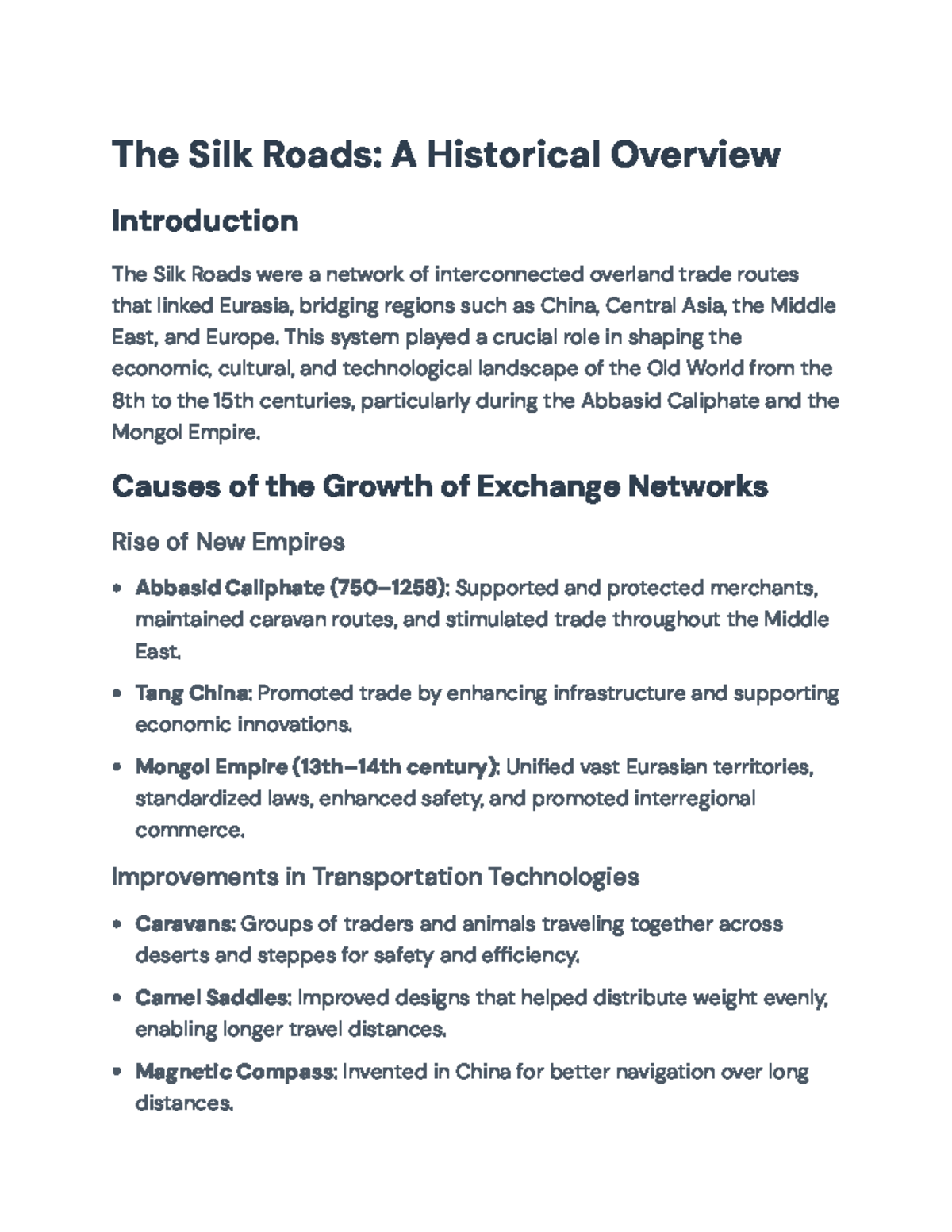 The Silk Roads: Economic and Cultural Transformations (HIST 201) - The ...