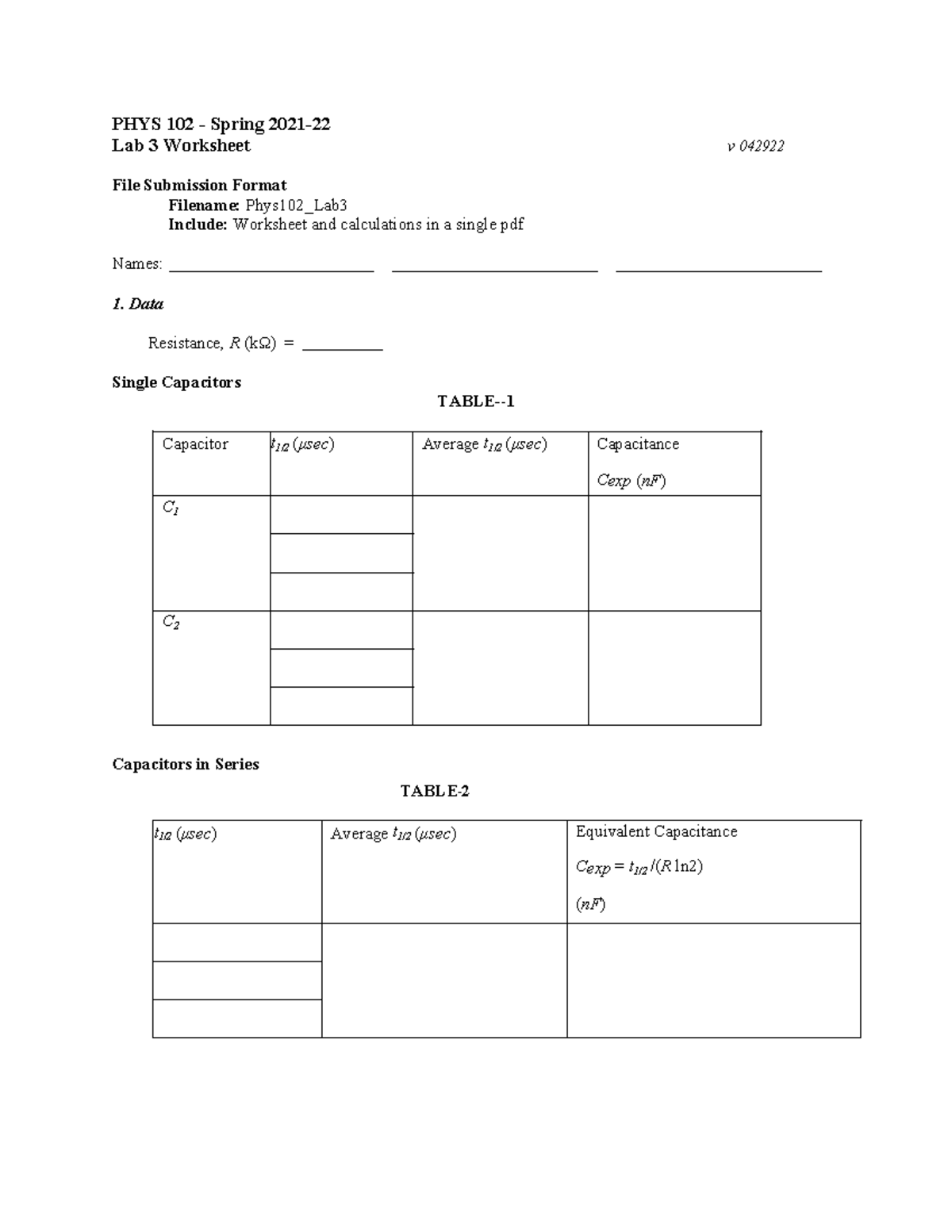 PHYS 102 Lab 3 Worksheet and Data Analysis - Spring 2021 - Studocu