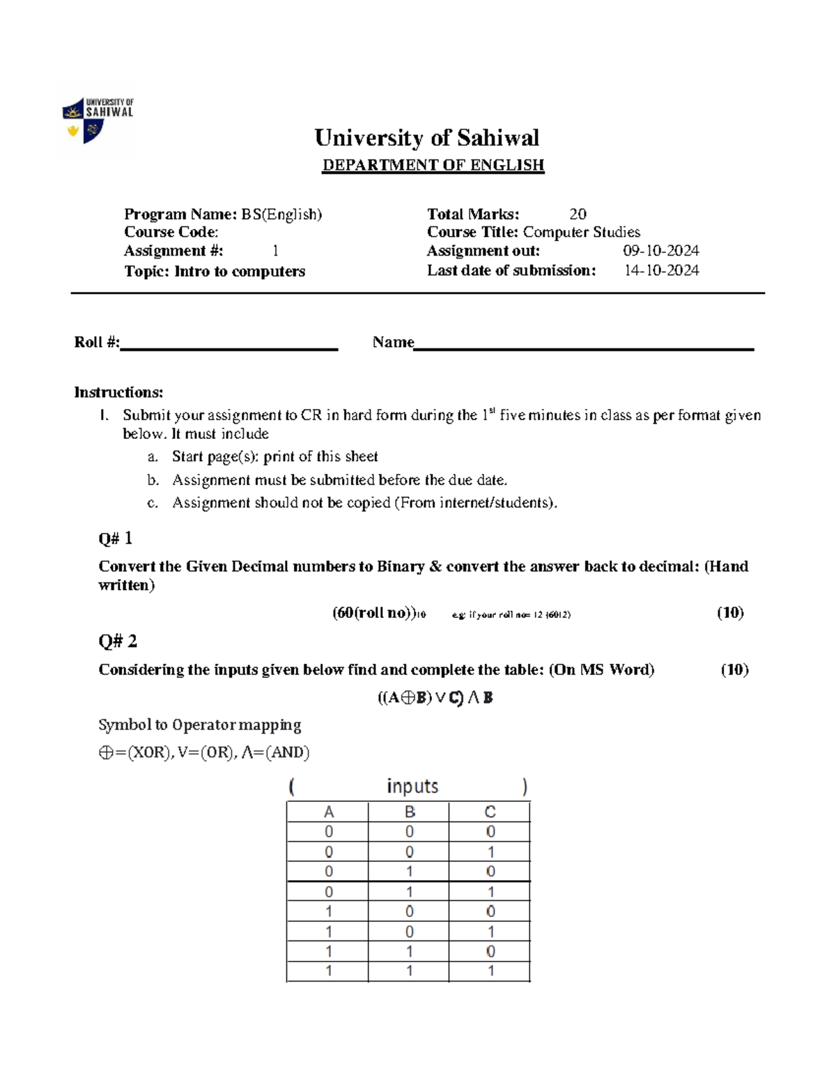 Assignment 1 - Computer Studies (CS101) - Intro to Computers - Studocu