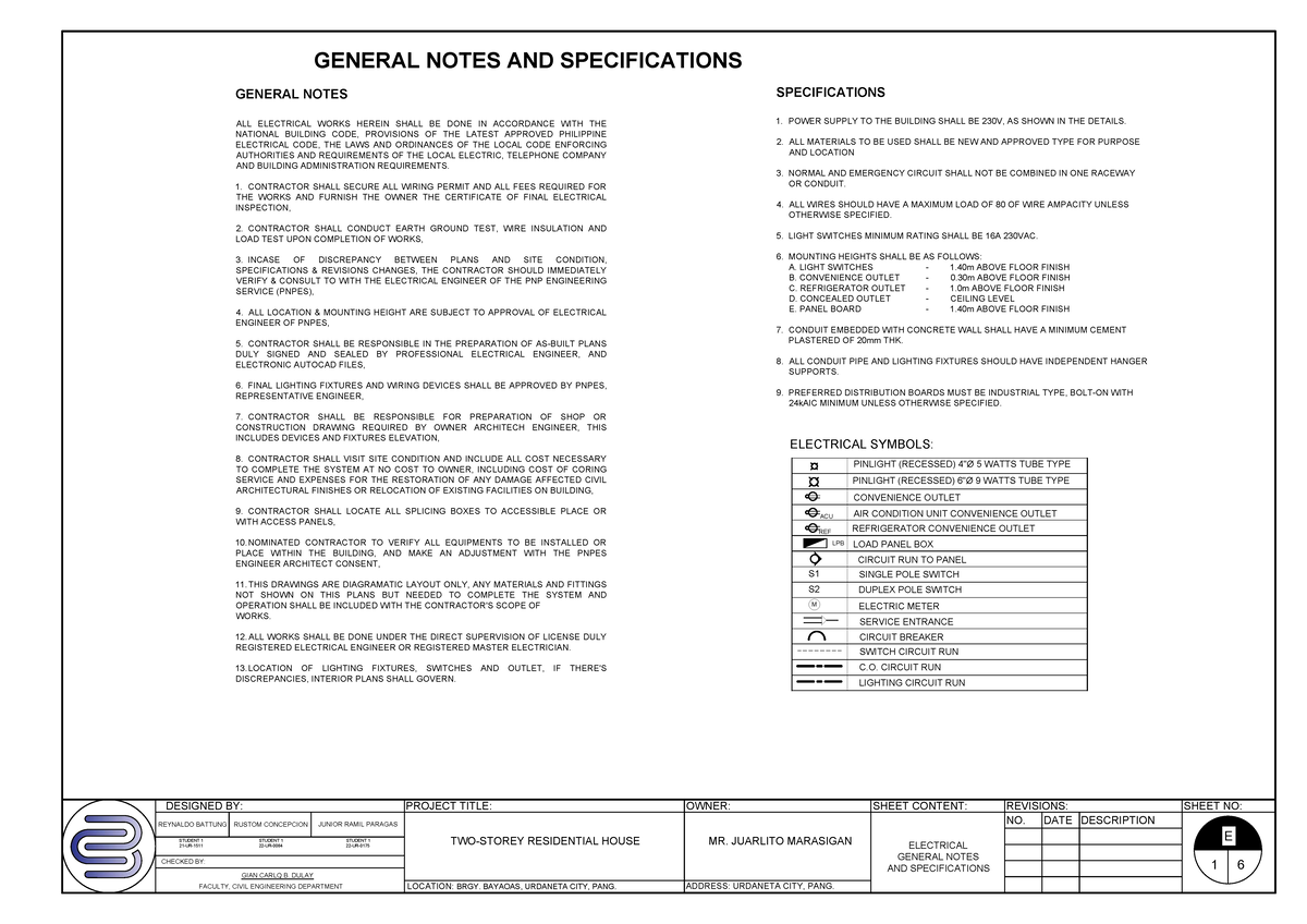 Electrical General Notes & Specifications for RESIDENTIAL HOUSE (CE 101 ...