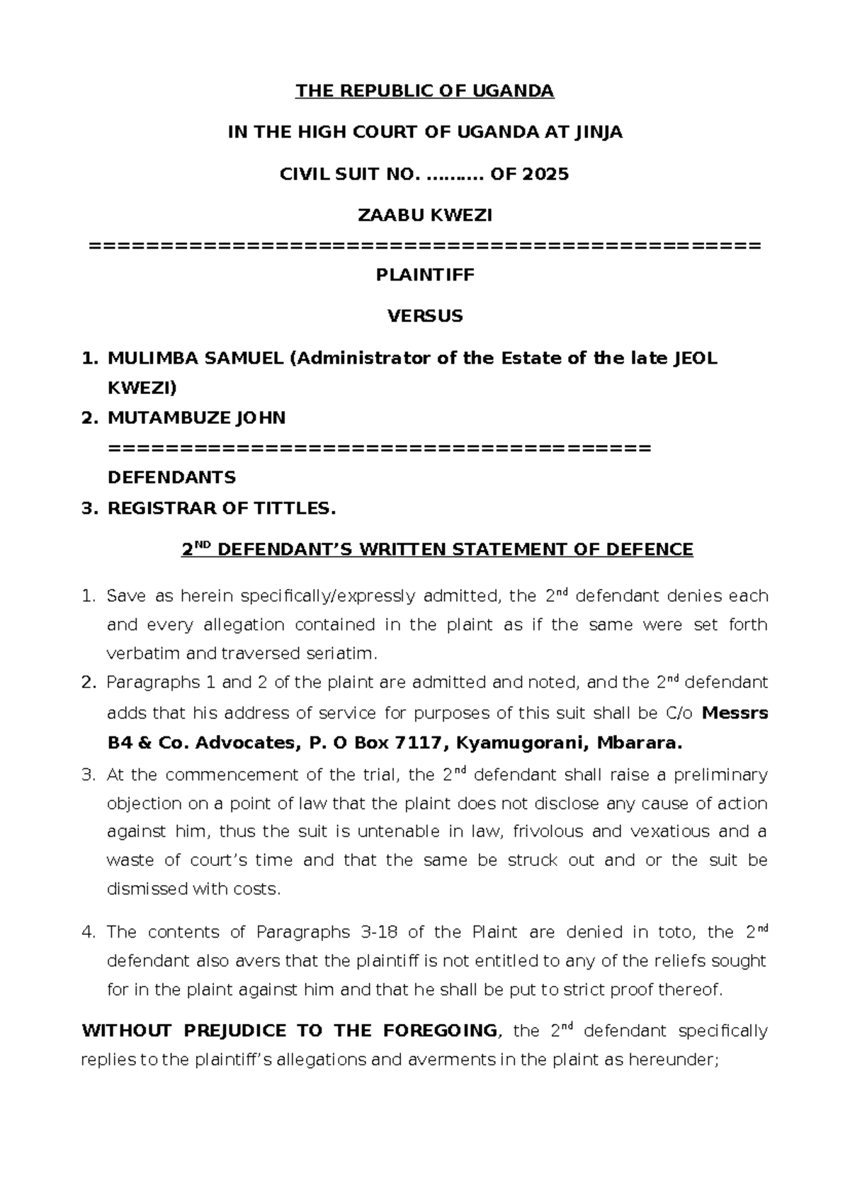 Defendant's Written Statement of Defence in Civil Suit No ...
