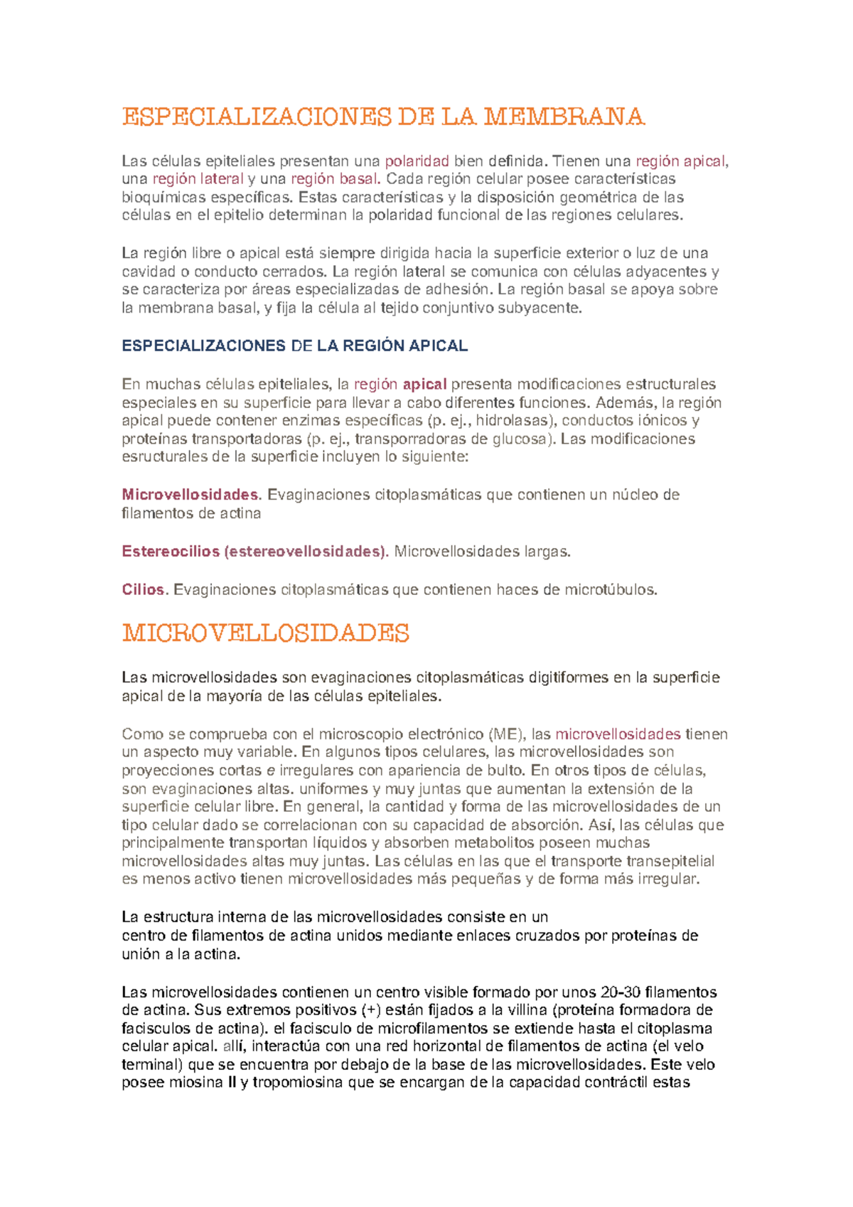 Especializaciones de la Membrana: Estructura y Función Epiteliales - Document Preview