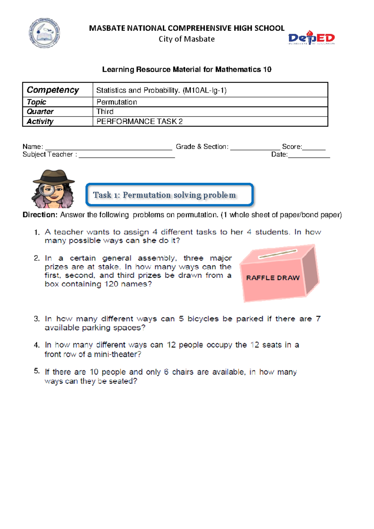 MATHEMATICS 10: 3rd Q Performance Task 2 on Permutation - Studocu