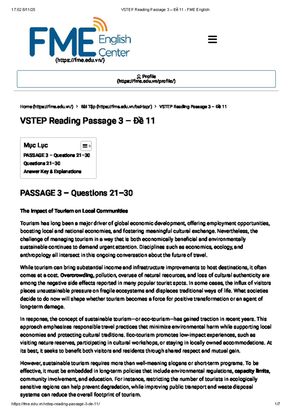 VSTEP Reading Passage 3 - Đề 11: The Impact of Tourism on Communities ...