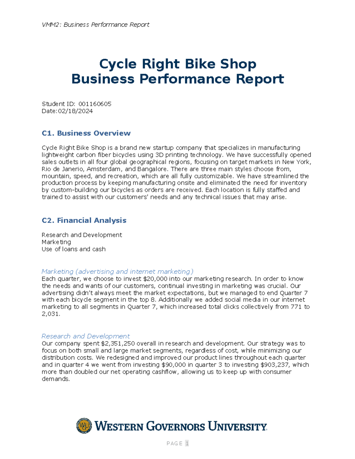 VMM2: Cycle Right Bike Shop Business Performance Report - Studocu