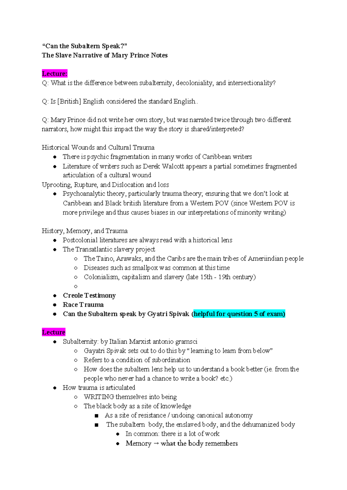 Mary Prince and the Subaltern Voice: Exam Notes on Trauma and ...
