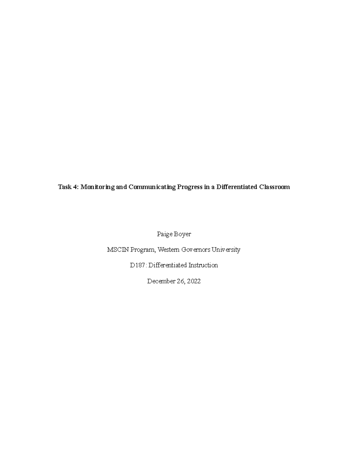 D187 - Task 4: Progress Monitoring in a Differentiated Classroom - Studocu