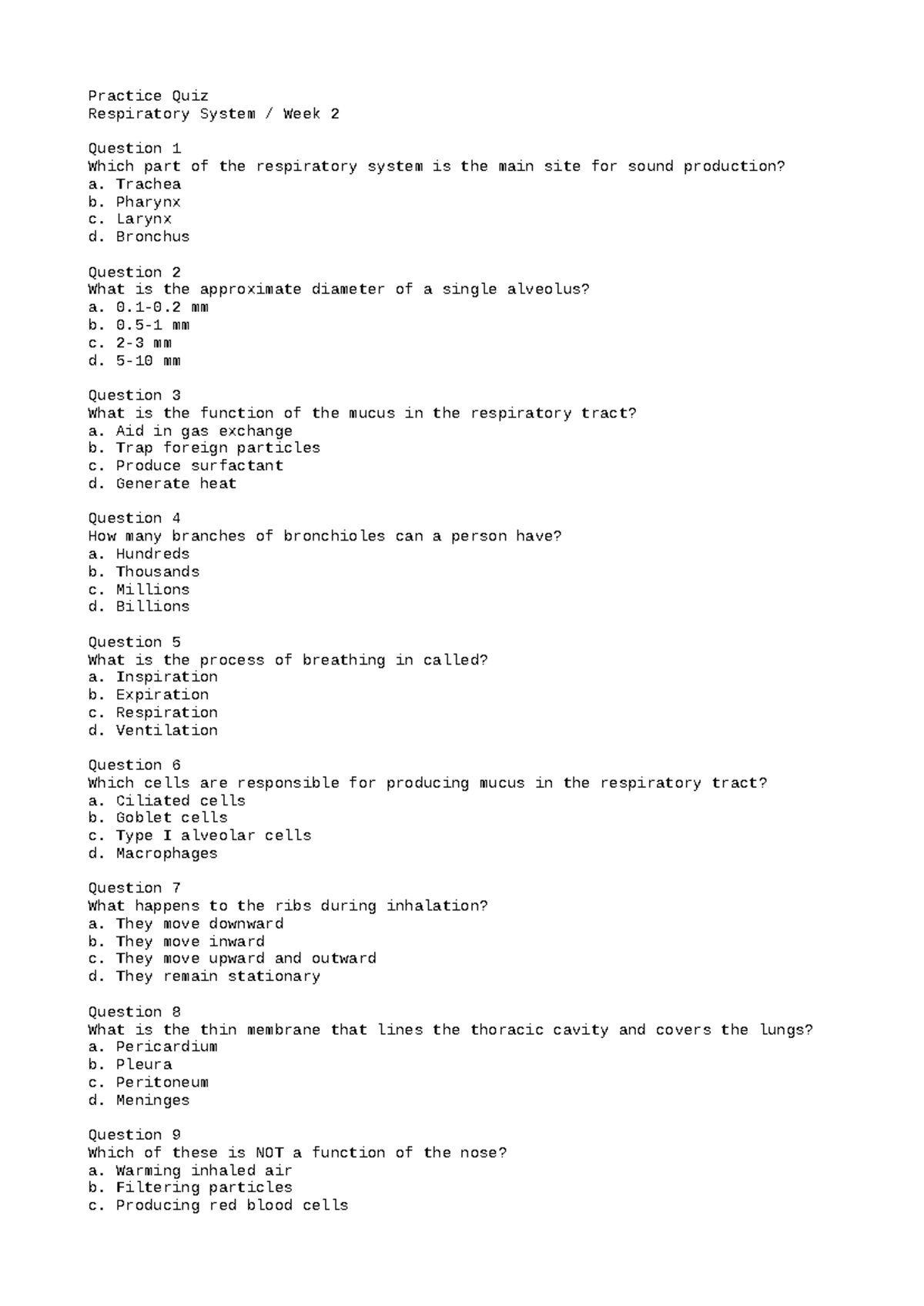 Respiratory System Quiz 2 - Practice Questions and Answers - Studocu