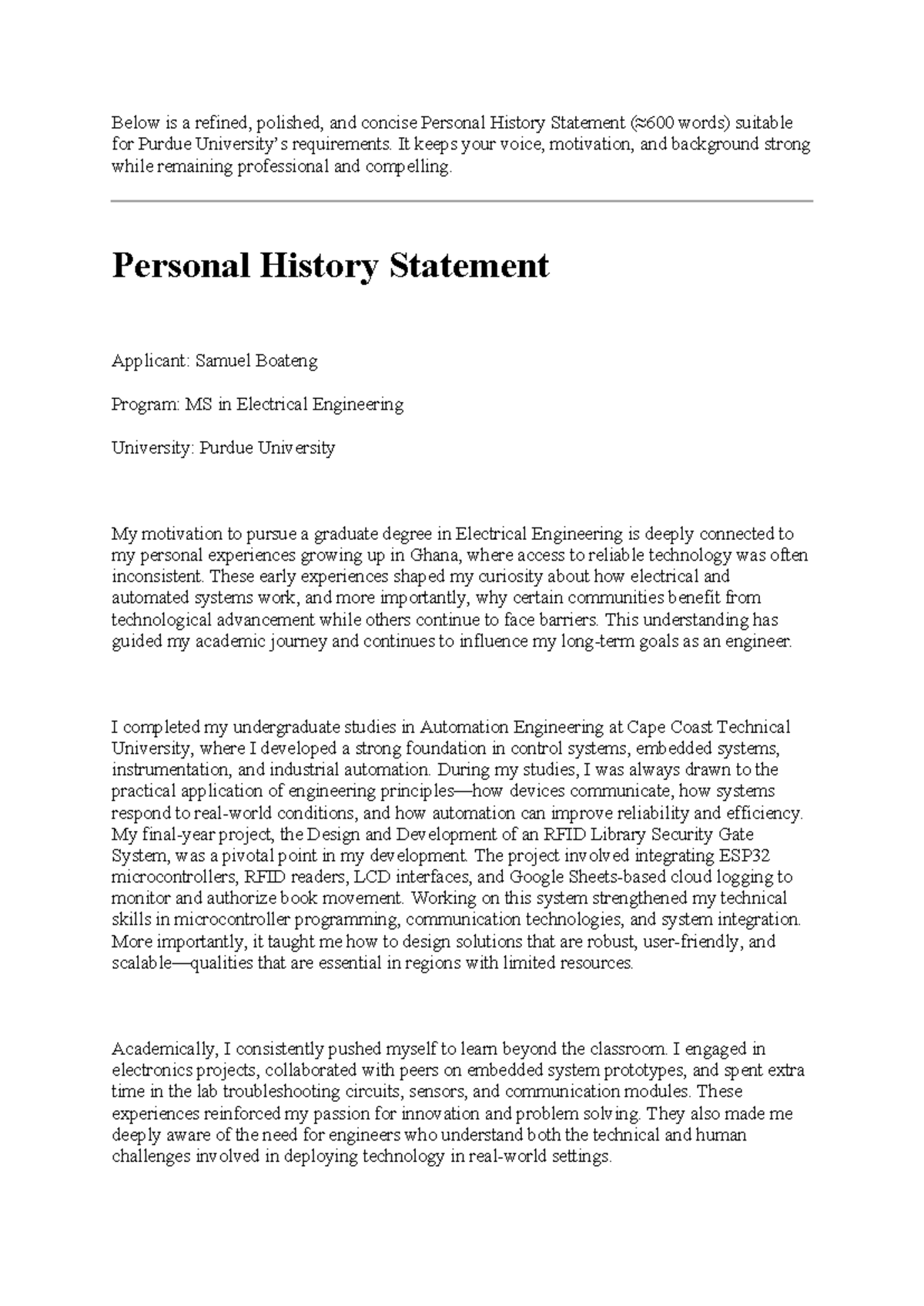 Personal History Statement for MS in Electrical Engineering at Purdue ...