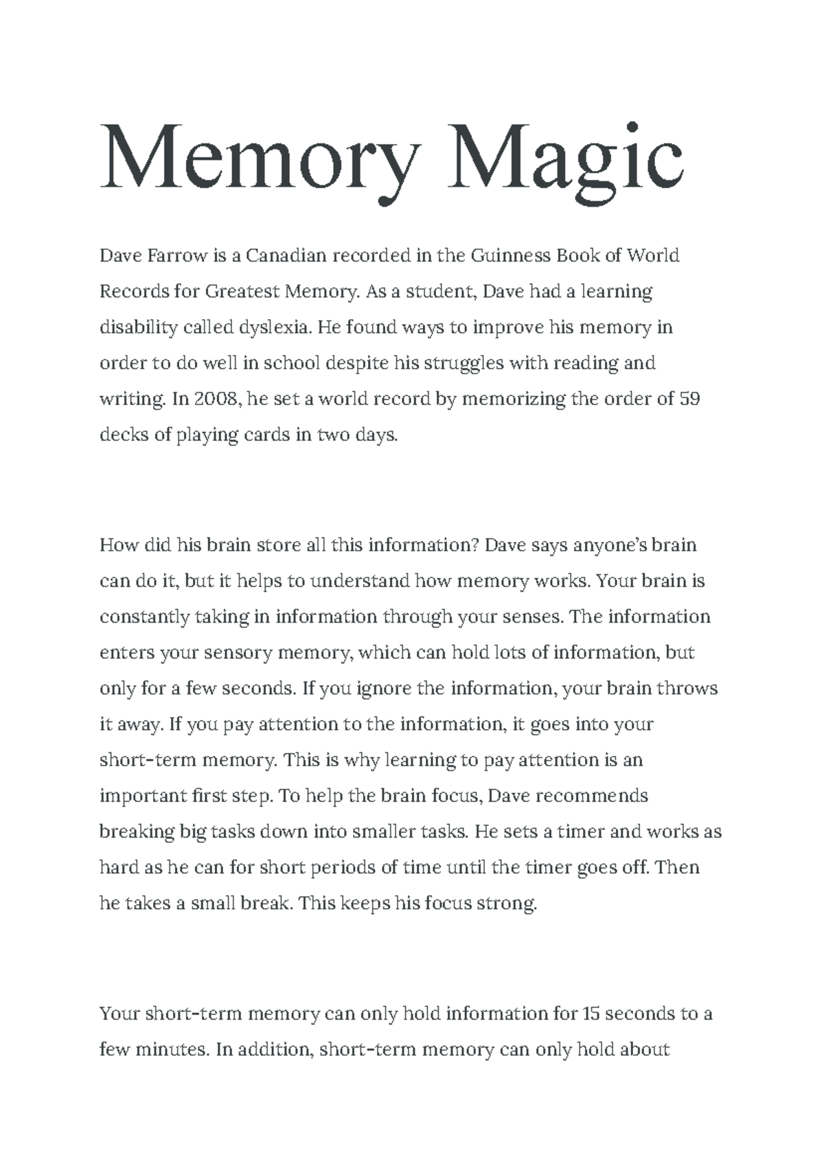 Memory Magic Worksheet: Techniques for Enhancing Memory Skills - Studocu