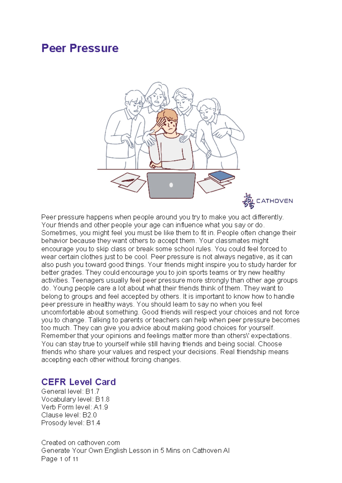 Peer Pressure Lesson - CEFR B1 - Cathoven 2025-02-19 - Studocu