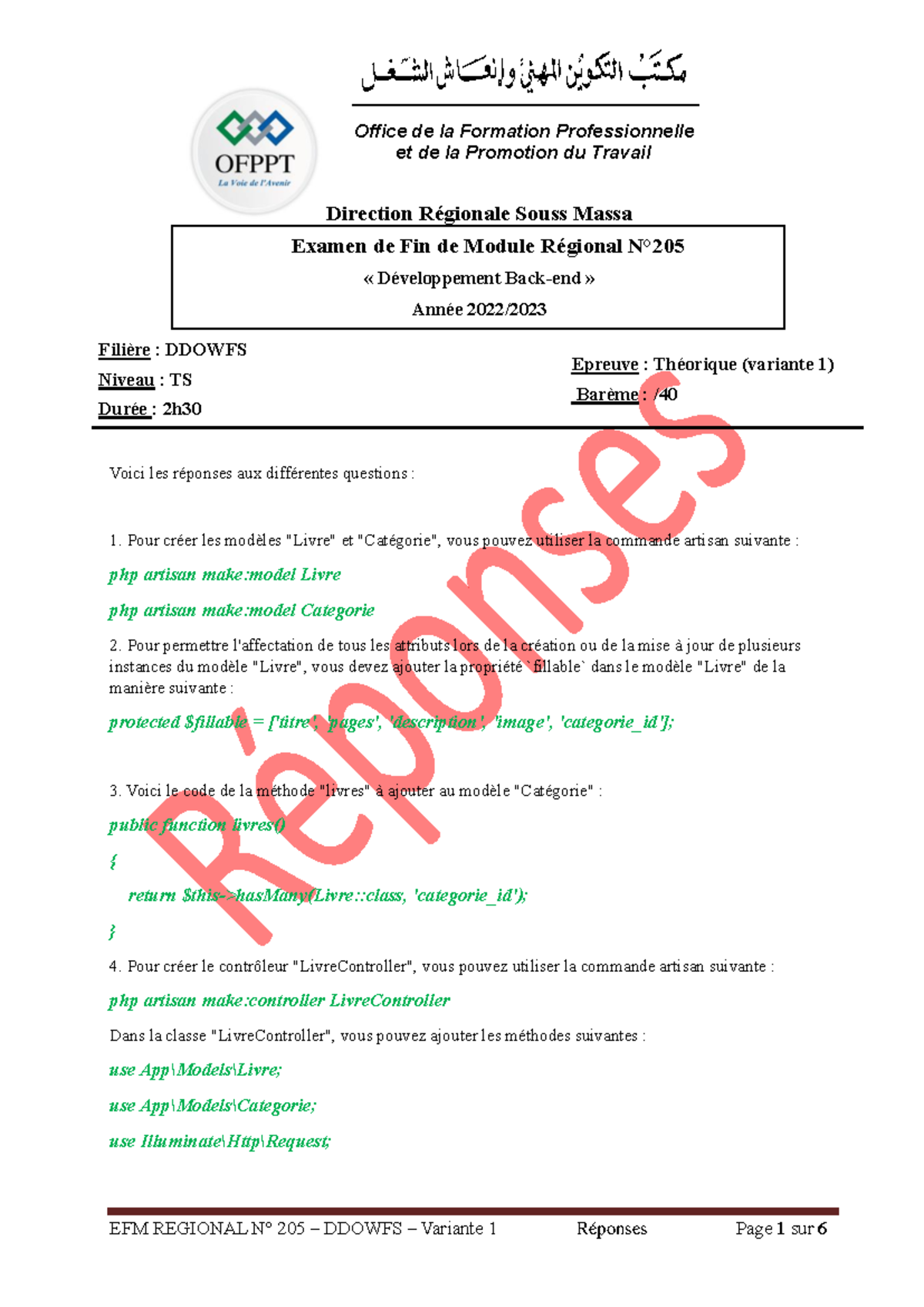 Examen de Fin de Module EFM REGIONAL 205 DDOWFS Dév. Back-end V1 - Document Preview