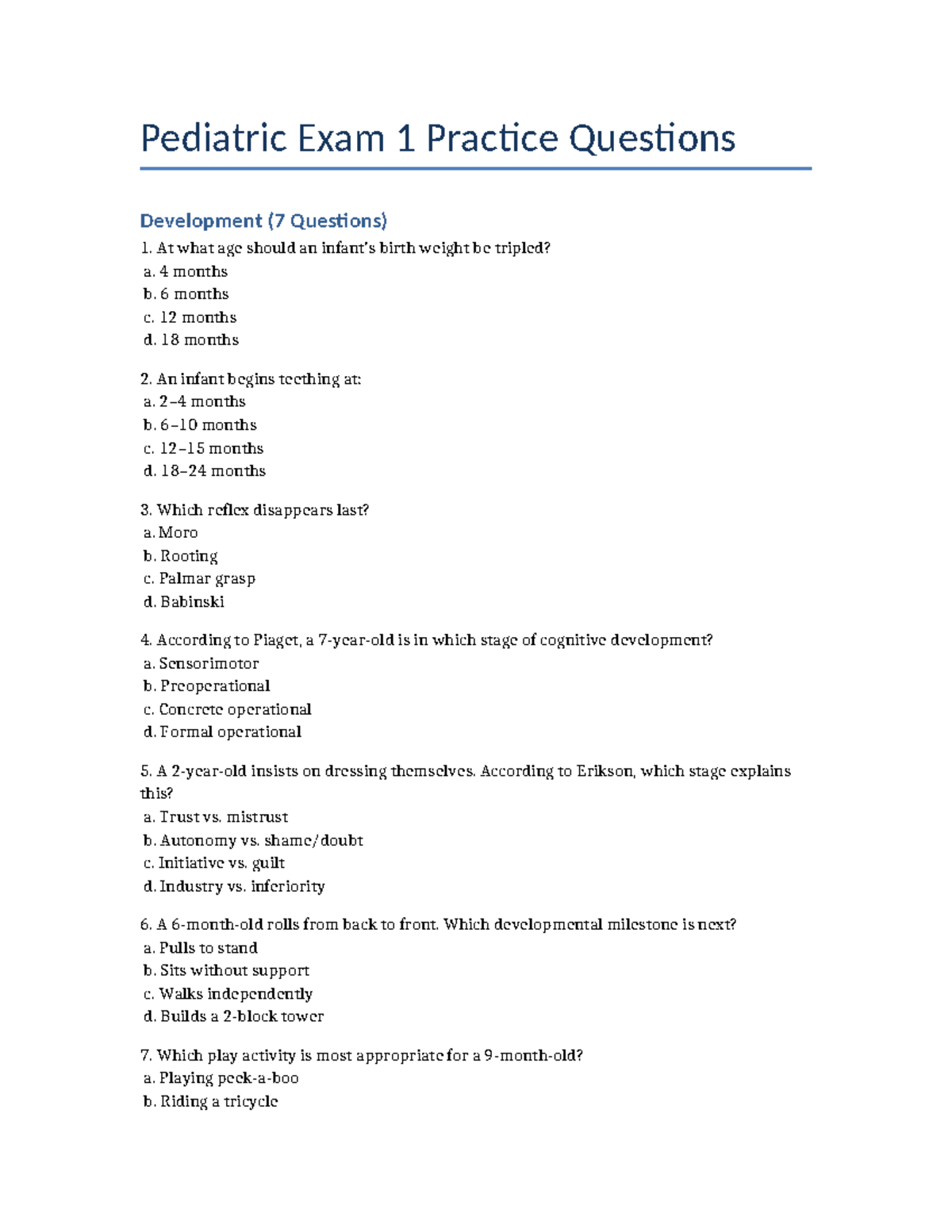 Pediatric Exam 1 Practice Questions & Answers (Full Review) - Studocu