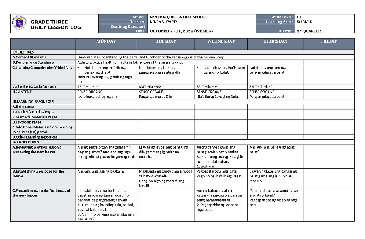 DLL Science 3 Q2 W3 - math - GRADE THREE DAILY LESSON LOG School: SAN ...