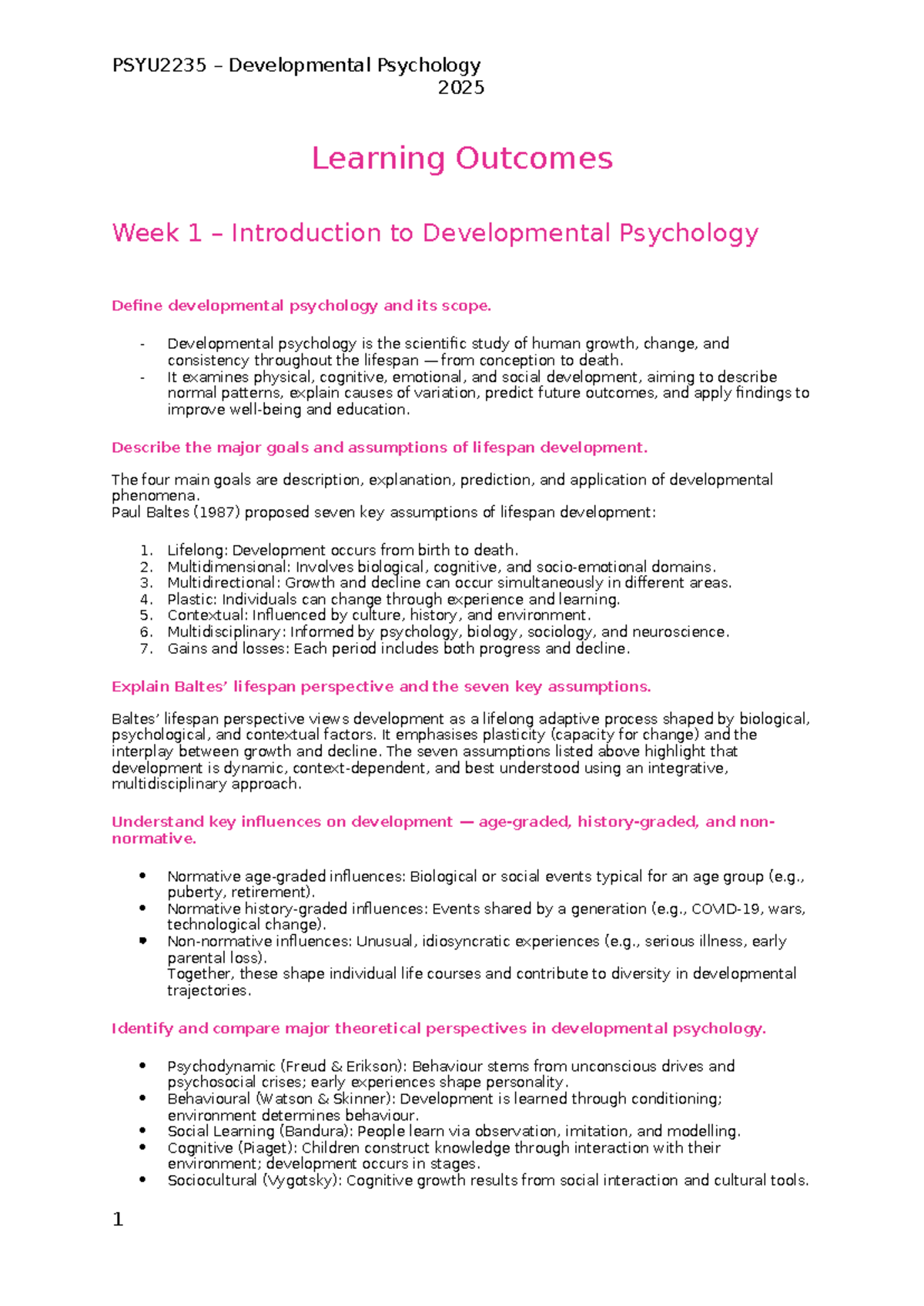 PSYU2235 Developmental Psychology 2025: Learning Outcomes Overview ...