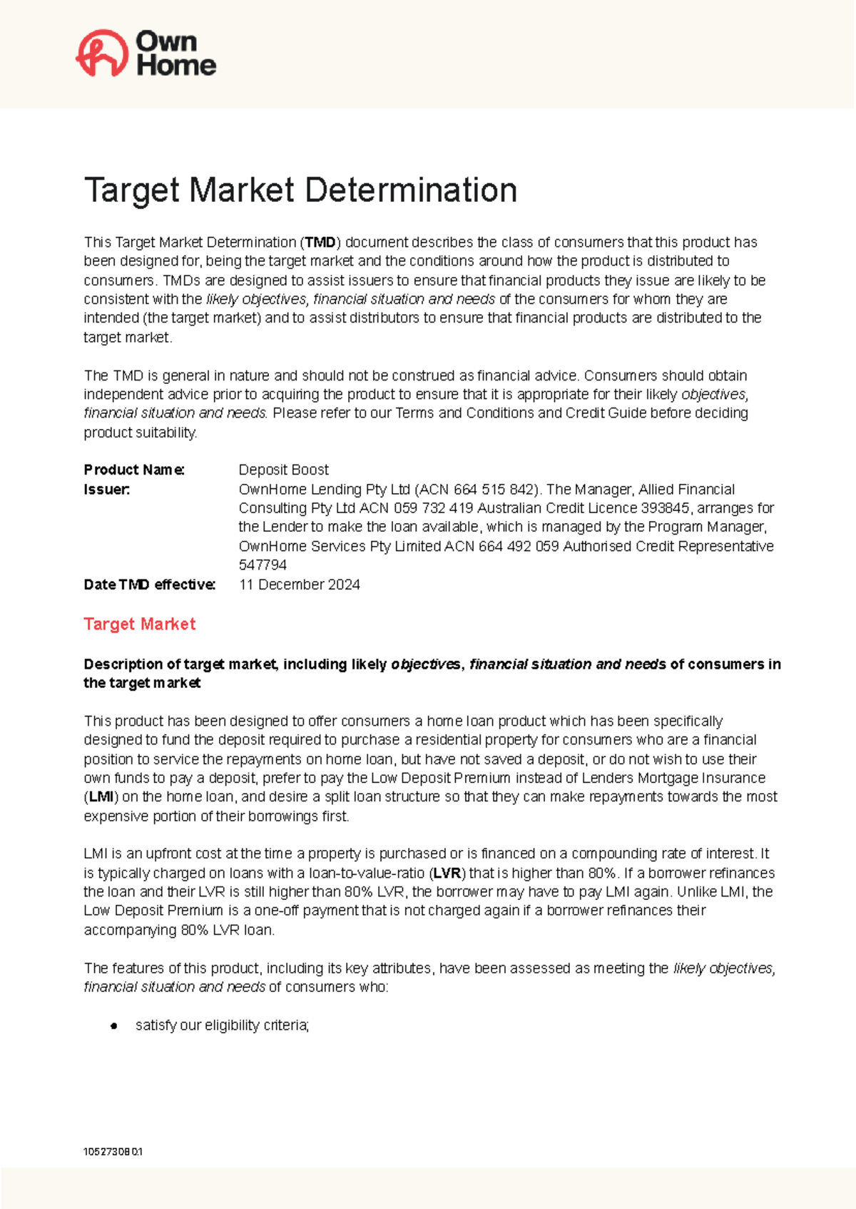 Ownhome target market determination - Target Market Determination This ...