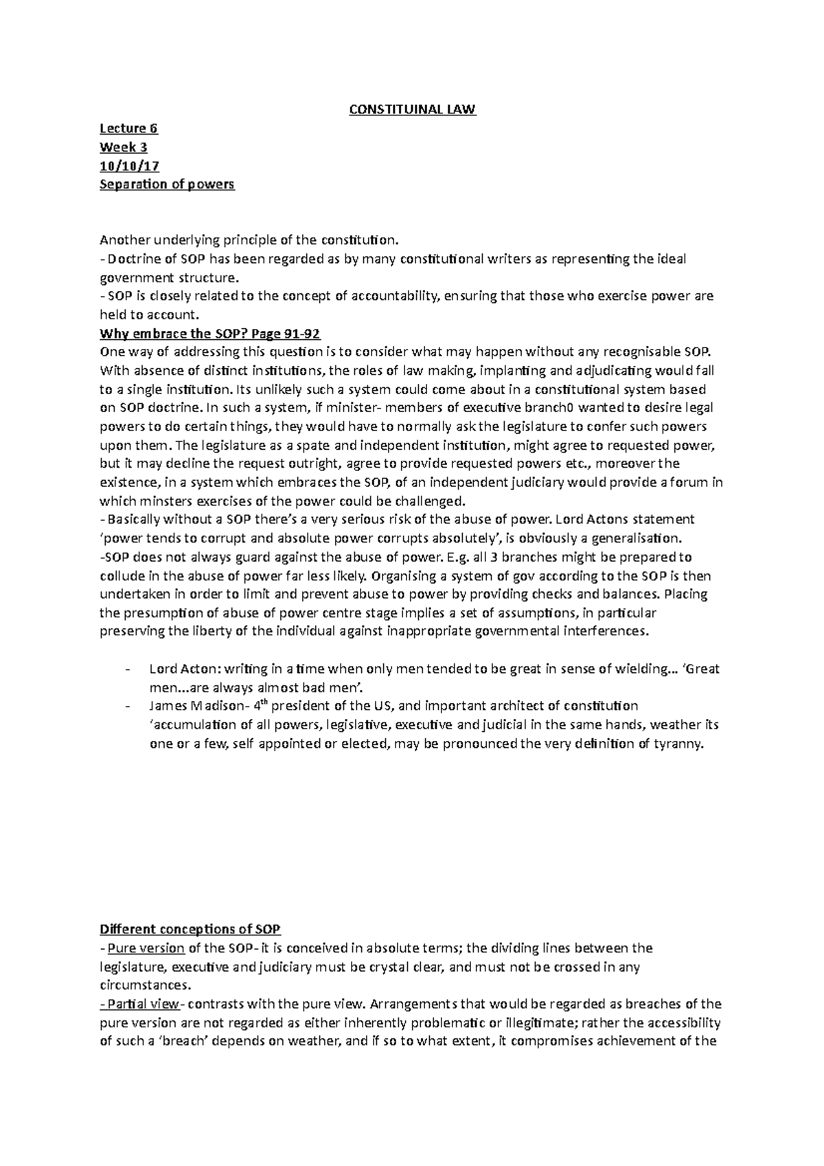 Constitutional Law: Lecture 6 on Separation of Powers Analysis - Studocu