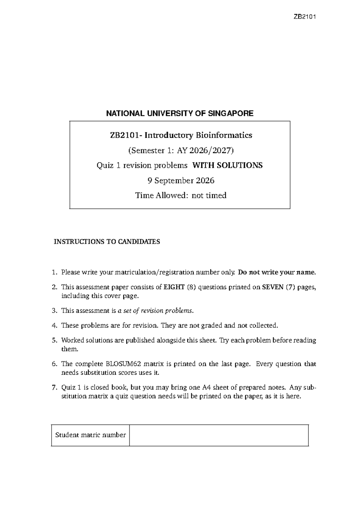 ZB2101 NUS Introductory Bioinformatics Quiz 1 Revision Solutions - Studocu
