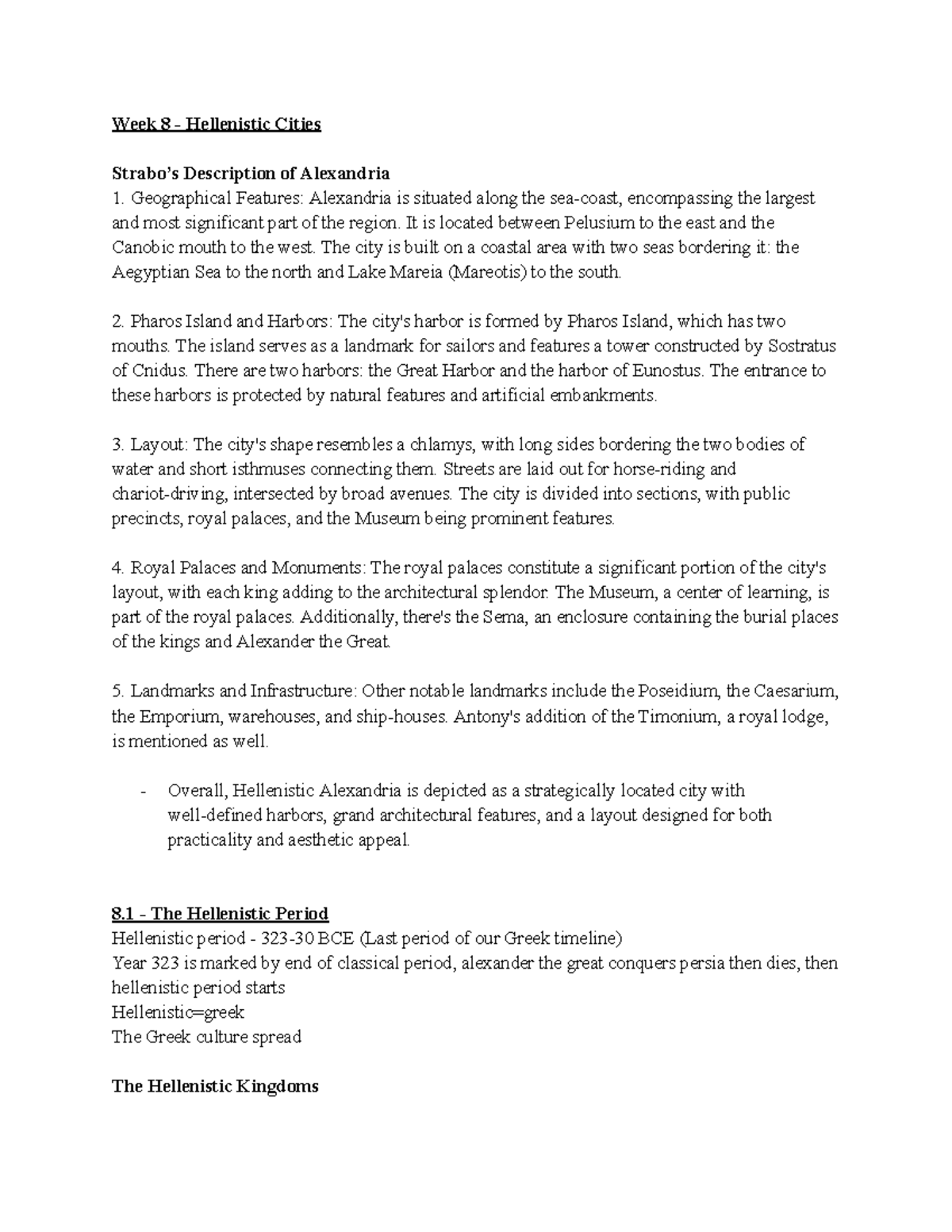 HIST 201: Week 8-9 Notes on Hellenistic Alexandria and Early Rome - Studocu