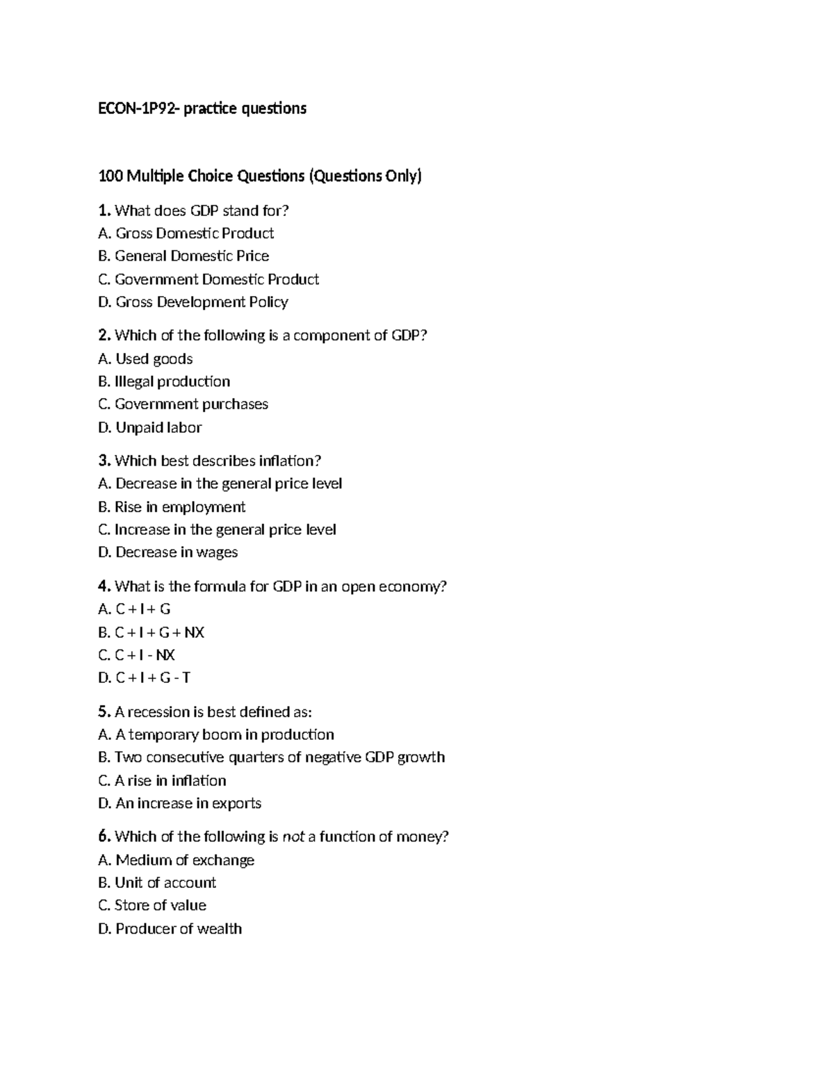 Economics 1P92 - practice questions for multiple choice exam ...
