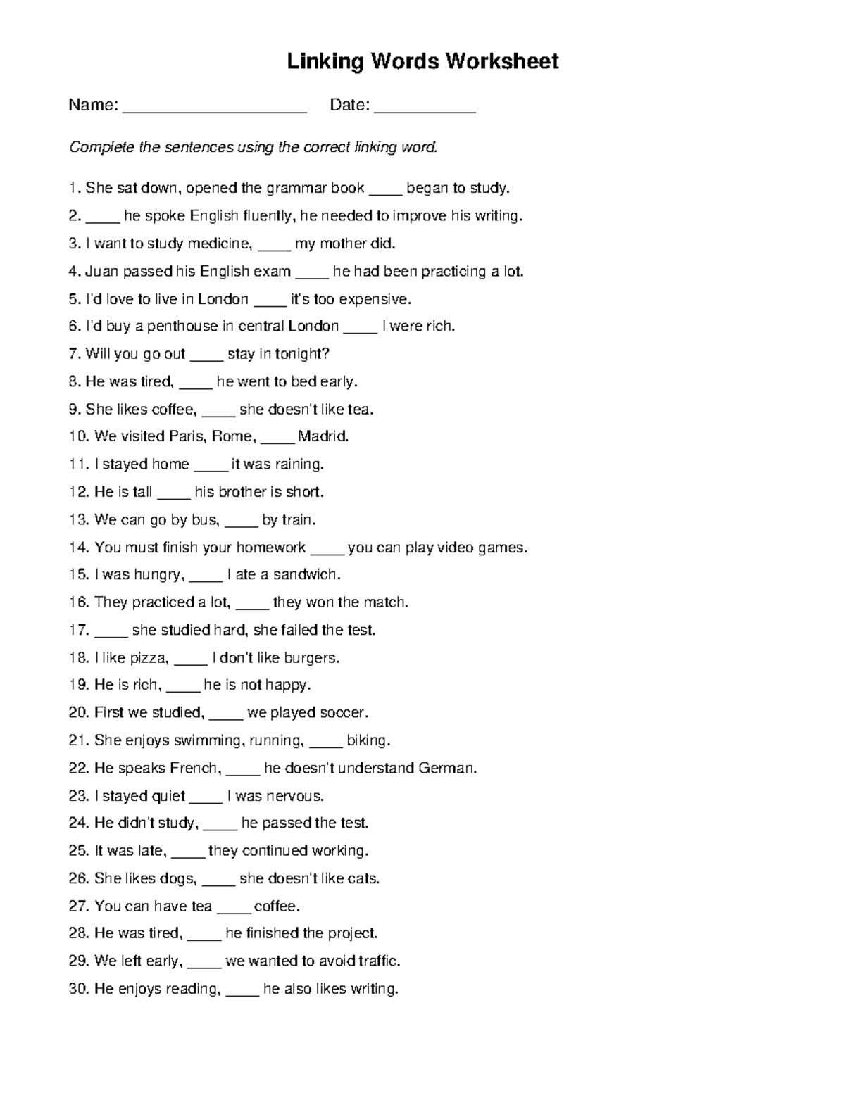 Linking Words Worksheet