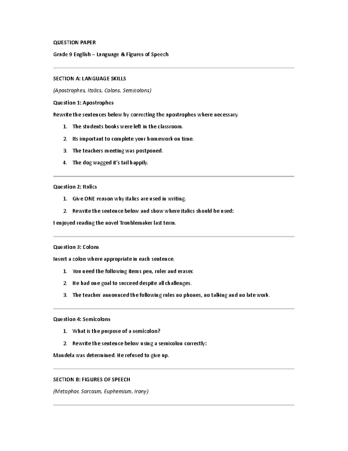 Grade 9 English Language Skills: Figures of Speech & Punctuation - Studocu