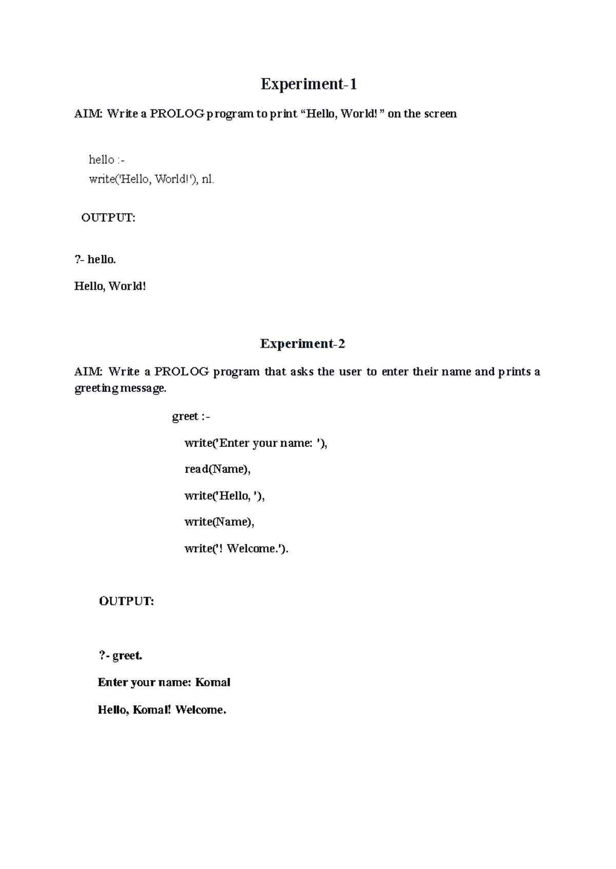 Prolog Practicals (CS101): Programs 1 to 10 Overview - Studocu
