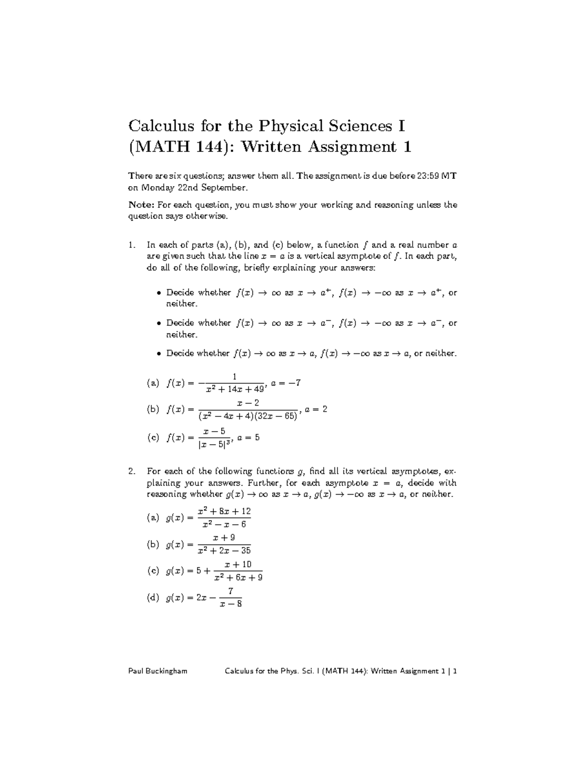MATH 144: Calculus for Physical Sciences I - Written Assignment 1 - Studocu